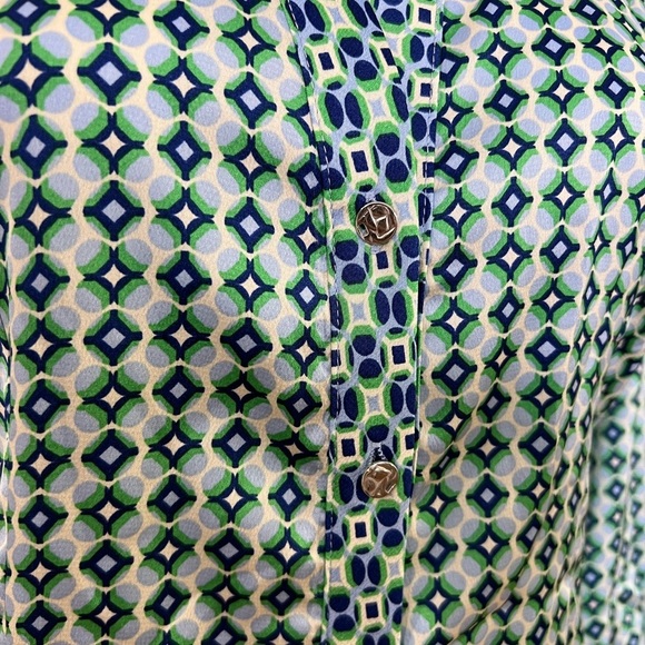 Zara Women Size M Blouse Collarless Long Sleeve Shirt Blue Green Geometric New - Picture 13 of 13